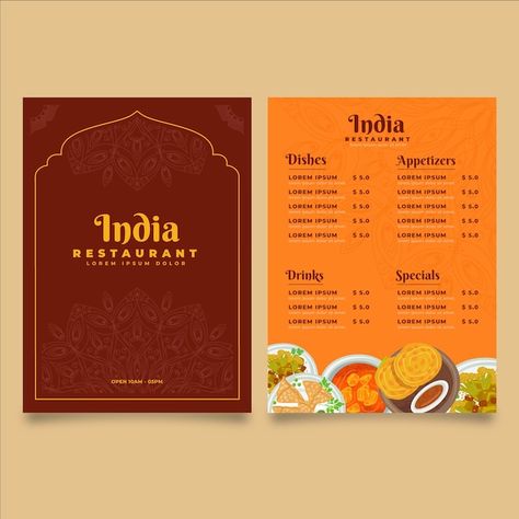 Vector flat indian menu template | Premium Vector #Freepik #vector #menu-restaurante #menu-template #food-menu #menu Simple Menu Card Design, Indian Food Graphic Design, Traditional Menu Design, Indian Menu Design, Menu Design Ideas Templates, Resturant Menu, Indian Food Menu, Restaurant Menu Card, Hotel Menu