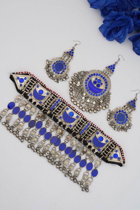 Vintage Afghan Jewellery Set Afghan Choker Necklace Earrings - Etsy Afghan Jewellery, Afghan Culture, Kuchi Jewelry, Vintage Choker Necklace, Afghan Jewelry, Afghan Fashion, Boho Jewellery, Vintage Choker, Vintage Afghan