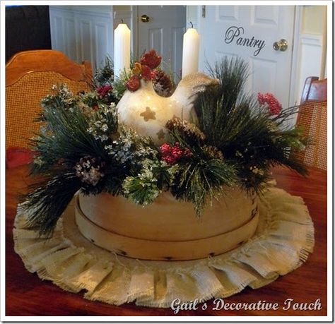 Love the idea of using a cheese box for a centerpiece. I can fix this.                                                                                                                                                      More A Lot Of Flowers, Cheese Boxes, Fall Craft Fairs, Box Arrangement, Box Centerpiece, Box Crafts, Cheese Box, Cookie Tin, Prim Christmas