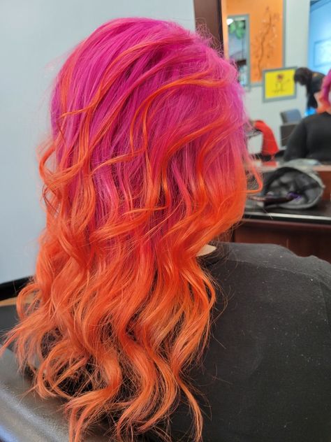 Pink and orange hair by Shan H @ Twisted Hair Salon Pink To Orange Hair, Ginger And Pink Hair, Orange And Pink Hair, Orange Pink Hair, Pink Orange Hair, Orange Hair Color Ideas, Pink Peach Hair, Orange Hair Color, Orange Hair Dye