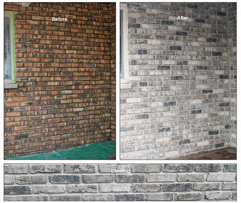 Multicolored Brick Exterior, Brick Stained House, Light Brick Stain, Staining Outdoor Brick, Gray Stained Brick Exterior, Grey Wash Brick Exterior, Brick Stain Colors Before And After, Changing Brick Color Exterior, Staining Red Brick