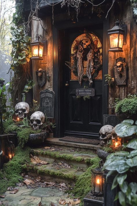 29 Halloween Decor Front Porch Ideas for a Spooktacular Welcome 26 Scary Halloween House Decoration Outdoor, Halloween Greenhouse Decor, Spooky Cemetery Graveyards, Gothic Outdoor Halloween Decor, Haunted Porch Ideas, Witches House Halloween, Halloween Decor Front Porch, Unique House Exterior, Addams Halloween Costume