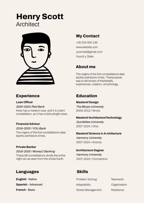 Linear Hand-drawn Henry Scott Architect Resume Art Resume Design, Cv Inspiration Design, Cv Design Architecture, Cv Designer Graphic, Architect Cv, Cv Creative, Graphic Designer Resume, Curriculum Vitae Design, Photo Cv