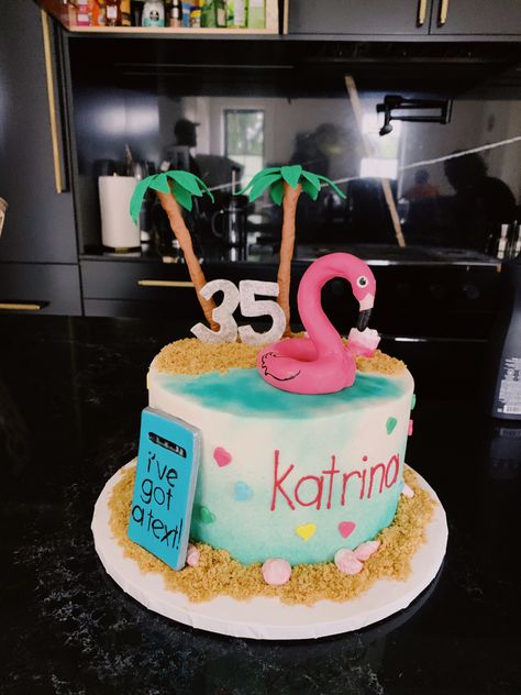 Colorful cake with love island branding. The cake has a beachy theme with a flamingo pool float and palm trees. With a cell phone on the side that says “I got a text”. Island Themed Cake, Love Island Party Ideas, Love Island Cake, Love Island Decorations, Love Island Themed Birthday Party, Love Island Bachelorette Party, Love Island Birthday Party, Island Birthday Theme, Love Island Bachelorette Theme