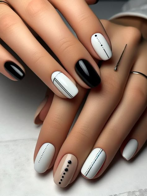 A minimalist black and white nail design with negative space accents, featuring clean lines and subtle detailing for a modern look. Black And White Shirt Nails, Black Nails With White Design, Black And White Nail Designs Elegant, Nails Lines, Short Nails For Work, Nail Designs With Lines, Black And White Nails Short, Black And White Short Nails, Sqaure Nails