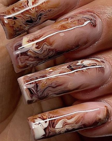 How To Marble Nails, White And Brown Marble Nails, Brown Marbled Nails, Orange And White Marble Nails, Orange Marble Nails Acrylic, Brown Marble Nails, Orange And Brown Marble Nails, Orange Marble Ombre Nails, Splatter Nails