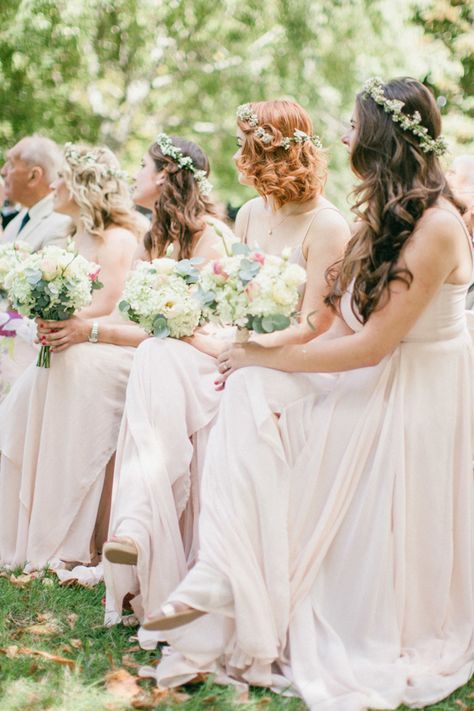 Can you believe it was only a few years ago that flower crowns were a bit of a rarity in weddings? Now they’re as much of an option for most brides as any veil. But why should the bride get t… Neutral Wedding Inspiration, Bohemian Bridesmaid Dress, Bohemian Bridesmaid, Flower Crown Bridesmaid, Blush Bridesmaids, Group Of Women, Blush Bridesmaid Dresses, Boho Bridesmaid, Have Inspiration