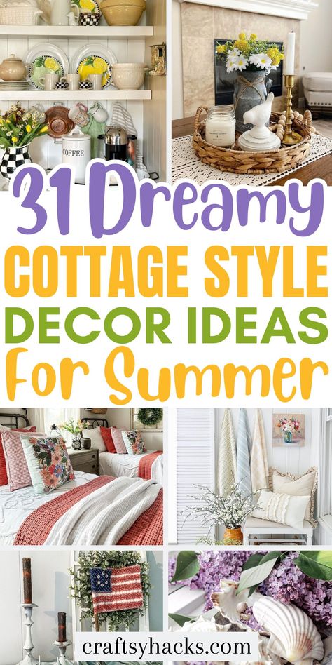 Find summer decor ideas that capture the essence of cottage core decor. Our cottage style home decor tips blend vintage charm with fresh, summery touches for your ideal summer decorating this season. English Cottage Core Aesthetic, Decorating Cottage Style, Canterbury Cottage Sherry Diy, August Decorating Ideas Home, Cottage Mantle, Summer Home Decor Ideas, Summer Cottage Decor, Modern Cottage Decor, Vintage Cottage Decor