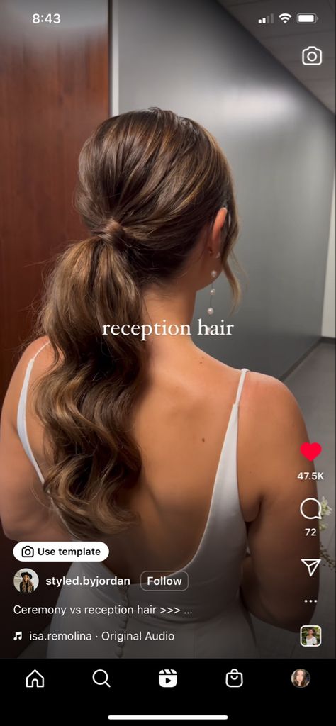 Reception Ponytail, Hairstyles For Backless Dress, Backless Dress Hairstyles, Low Bun Wedding Hair, Bridal Ponytail, Dress Hairstyles, Low Ponytail, Backless Wedding Dress, Wedding Hair