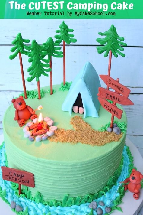 Cute and Easy Camping Cake Tutorial by MyCakeSchool.com! This is such a fun cake to create, and even includes a sweet bear roasting marshmallows over a campfire! Learn cake decorating online through our hundreds of cake decorating video tutorials! Camping Birthday Cake, Camping Cake, Campfire Cake, Nature Cake, Camping Cakes, Learn Cake Decorating, Smores Cake, Camping Birthday Party, Simple Cake Designs