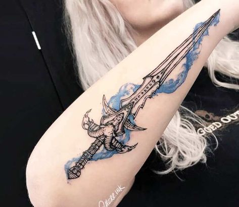 Tattoo photo - Lich King Sword tattoo by Merr Ink Legendborn Tattoo, Lich King Tattoo, Frostmourne Tattoo, Horde Tattoo, Lotr Tattoo, Gamer Tattoos, Lich King, Flame Tattoos, King Tattoos