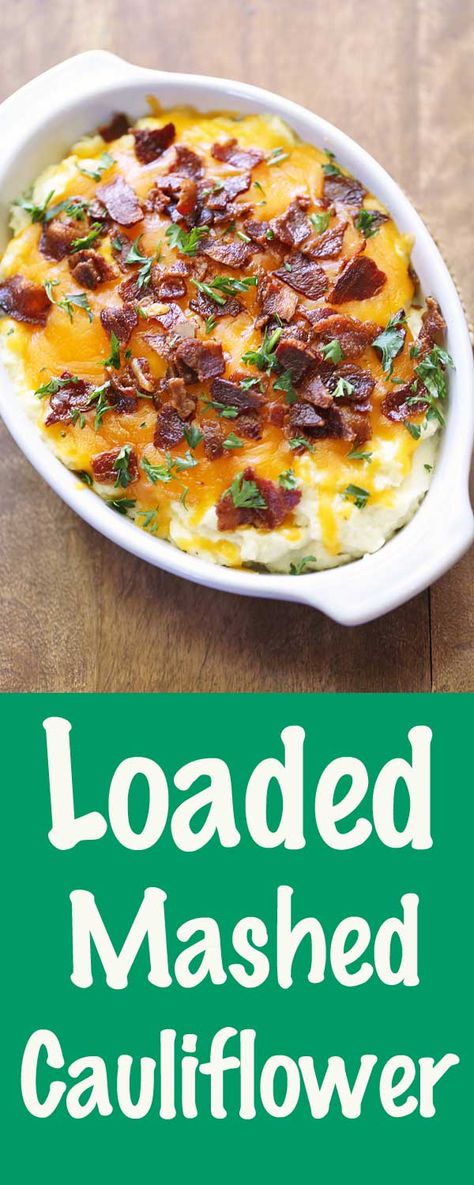 Enjoy loaded mashed cauliflower with bacon and cheese and you won't miss the potatoes! It's scrumptious, delicious, very filling, and low carb. Mashed Cauliflower With Cheese, Califlower Mashed, Mashed Cauliflower Healthy, Keto Potatoes, R3 Recipes, Loaded Cauliflower Mash, Loaded Mashed Cauliflower, Delicious Casseroles, Cauliflower Mashed