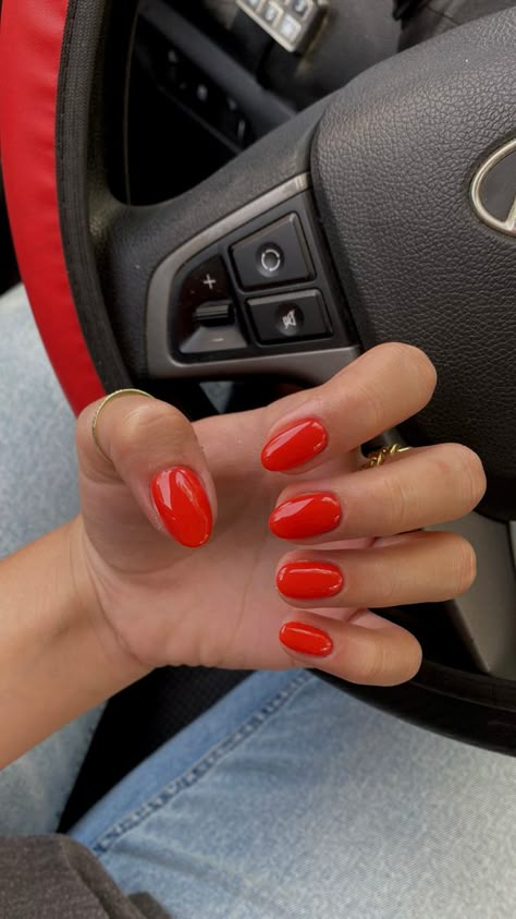 Red Nails Outfit Summer, Red Nails For Light Skin, Bright Florida Nails, Red Nails Vacation, 2024 Spring Nails Almond, Orange Red Nails Summer, Short Red Orange Nails, Cajun Red Nails, Orange Red Almond Nails