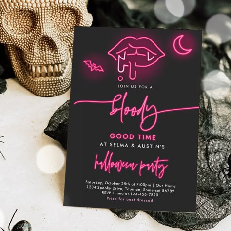 Bloody Good Time Neon Halloween Vampire Party Invitation All designs are © PIXEL PERFECTION PARTY LTD Vampire Party Invitations, Horror Party Invitations, Halloween Party Flyer Design, Vampire Party Ideas, Vampire Birthday Party, Tvd Birthday, Dracula Party, Vampire Birthday, Vampire Halloween Party