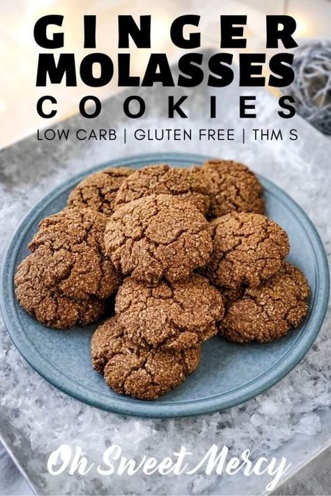 Ginger Molasses Cookies | THM S, Low Carb, Gluten Free - Oh Sweet Mercy Trim Healthy Mama Recipes Dinner, Diet Treats, Thm Cookies, Thm Snacks, Thm Meals, Thm Sweets, Trim Healthy Mama Dessert, Trim Healthy Recipes, Ginger Molasses