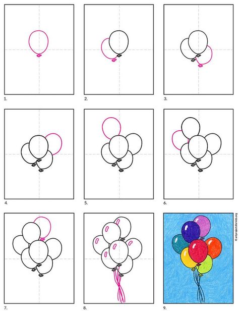 Balloon Art Paint, Balloon Art Painting, Draw Balloons, Ballon Drawing, Doodles Tutorial, Alphabet Objects, Tiny Doodles, How To Draw Balloons, How To Draw Eyes