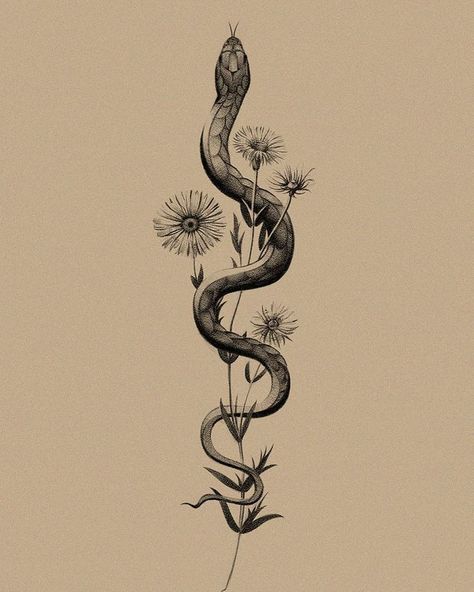 Floral Spine Tattoo, Draw Tattoo, Cobra Tattoo, Tattoo Snake, Tattoo S, Serpent Tattoo, Petit Tattoo, Snake Tattoo Design, Daisy Tattoo