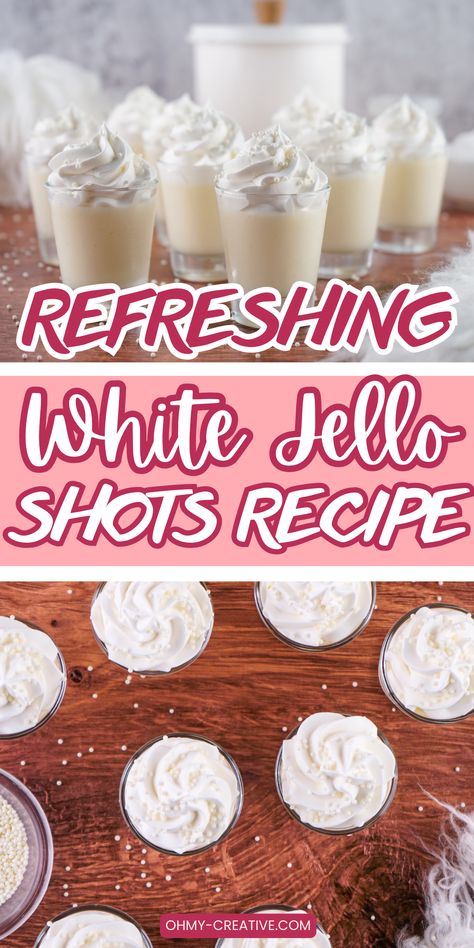 Learn how to make the best white jello shots that will make any party more fun! This simple recipe mixes cool flavors with a smooth, creamy texture that will have everyone asking for more. Great for parties or just a fun night at home, these jello shots are tasty and look amazing. With easy ingredients and simple steps, even beginners can make these tasty treats quickly. Show off your skills and surprise your friends with this cool take on regular jello shots. Perfect bachelorette jello shots White Jello Shots Recipes, Jello Shots With Whipped Cream Vodka, Creamy Jello Shots, Silver Jello Shots, Flavored Jello Shots, 40th Birthday Jello Shots, Birthday Cake Jello Shots, Vanilla Jello Shots, Shots With Whipped Cream