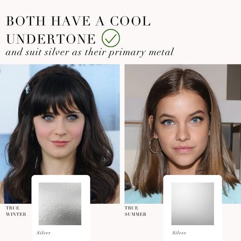 Comparison to show the differences between True Summer and True Winter - both have a cool undertone and suit Silver as their primary metal True Summer Glasses, True Summer Worst Colors, Cold Summer Pallete, True Autumn Worst Colors, Light Summer Color Palette Celebrities, Light Summer Worst Colors, Season Analysis, Colour Season, Summer Glasses