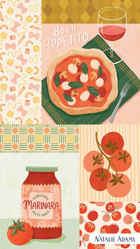 “Italian Flavors” Art Licensing Collection — Natalie Adams Studio Italian Restaurant Poster Design, Italian Design Graphic, Italian Pattern Design, Italian Food Illustration, Italian Graphics, Italian Patterns, Italian Background, Italian Illustration, Pasta Illustration