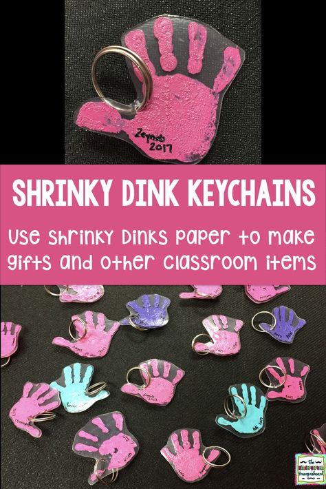 See how to use shrinky dinks in the classroom to make gifts for Mother's Day and Father's Day! Shrinky Dinks can have many uses in the classroom! Diy Mothers Day Gifts Classroom, Mothers Day Gifts For Kindergarteners, Mothers Day Gifts From Kids Toddlers, Fathers Day Gifts Ideas Prek, Mothers Day School Gifts, Mother’s Day Keychain Craft, Shrinky Dink Mothers Day Keychain, Shrinky Dink Fathers Day Gift, Handprint Shrinky Dink Keychain