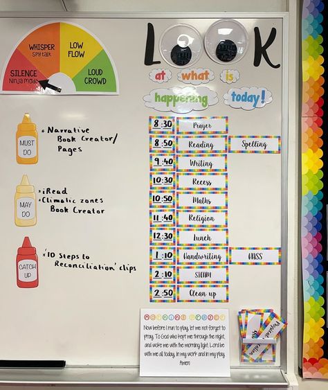 Miss Mulholland 📚 on Instagram: “😍Loved this part of my whiteboard 😍Should I upload my daily schedule to TPT? Also, the big eyes are from The Reject Shop 🙌🏼” Whiteboard Schedule Ideas, Whiteboard Decoration Ideas, My Daily Schedule, Classroom Whiteboard, Google Eyes, Book Creator, Class Schedule, Choose Love, Prayer Book