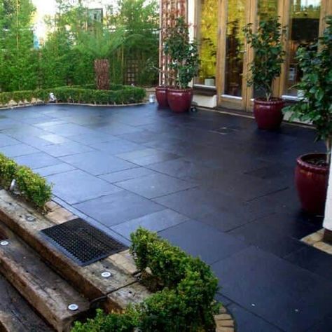 Black limestone Stone Patio Diy, Paving Slabs Ideas, Front Door Tiles, Black Landscaping, Outside Area Ideas, Trailer Patio, Lakeside Landscaping, Wraparound Extension, Patio Floor Ideas