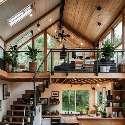 Lofted Cabin Ideas Tiny House, Tiny Loft House Design, House Loft Design, House With Loft Design, Small Loft House Design, Tiny House Fireplace, Loft House Interior, Tiny Wood House, Tiny House Loft Ideas