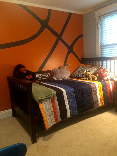 Basketball theme accent wall Accent Wall Boys Bedroom, Basketball Accent Wall, Basketball Diy, Basketball Bedroom Decor, Boys Bedroom Light, Boy Room Accent Wall, Basketball Themed Bedroom Pottery Barn Teen, Basketball Boys Room Pottery Barn Teen, Wallpaper For Boys Bedroom Basketball