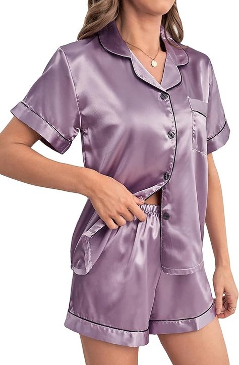 WDIRARA Women's Sleepwear Satin Short Sleeve Button Shirt and Shorts Pajama Set Light Dusty Blue S at Amazon Women’s Clothing store Pijama Satin, Bridal Sleepwear, Satin Pj Set, Pyjama Satin, Comfortable Pajamas, Mauve Purple, Satin Short, Silk Pajama Set, Short Pj Set