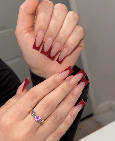 Maroon Nails, Red Acrylic Nails, Red French, French Manicure Nails, Girly Acrylic Nails, French Tip Acrylic Nails, Simple Acrylic Nails, Red Nail, Unique Acrylic Nails