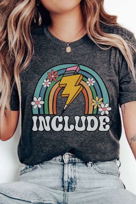 Show your support for disability inclusion and let your style speak volumes about the importance of inclusion with this vibrant and impactful t-shirt. Remember, inclusion matters! Inclusion Teacher Shirts, Inclusion Teacher, Inclusive Classroom, Matching Tshirts, Diversity And Inclusion, Rainbow Graphic, Inclusion Classroom, Teaching Outfits, Clothing Business