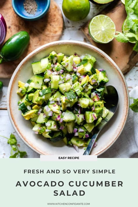 Simple Avocado Cucumber Salad. Best Summer Salad Recipes, Avocado Cucumber Salad, Corn Salad Recipe, Burlap Kitchen, Cucumber Avocado Salad, Chunky Guacamole, Avocado Brownies, Cucumber Salad Recipe, Avocado Cucumber