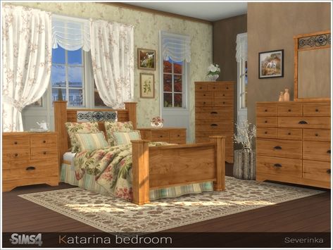 A set of furniture and decor for decorating a bedroom in the country style.  Found in TSR Category 'Sims 4 Adult Bedroom Sets' Cottagecore Bed, Bedroom Cottagecore, Living Room Sims 4, Sims 4 Cottage, Cottagecore Bedroom, Cottagecore Living, Country Bedding, Sims 4 Bedroom, Sims 4 House Building