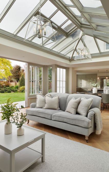 A classic open-plan orangery in Essex - Westbury Garden Rooms Orangerie Interior Ideas, Orangery Roof Lantern, Lantern Light Kitchen, Orangery Living Room, Roof Lantern Extension, Converted Conservatory, Roof Room Ideas, Inside Garden Room, Lantern Roof Extension