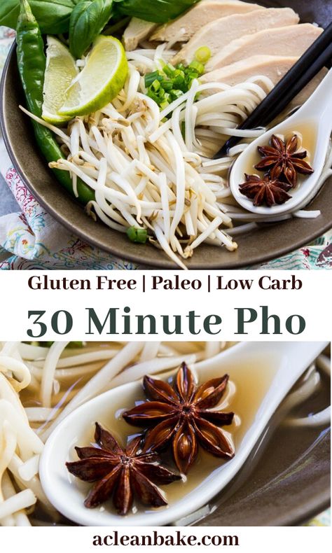 Pho is a ubiquitous Vietnamese soup that consists of noodles, meat and some veggies and herbs in a rich, aromatic broth. My 30 minute gluten free pho is a low-maintenance version that is easy to make at home! #glutenfreepho #easyphorecipe #vietnameserecipe #lowcarbrecipe #ketosouprecipe #easyketorecipe #healthysouprecipe #easysouprecipe #bestphorecipe Best Pho Recipe, Low Carn, Pho Soup Recipe, Vietnamese Soup, Pho Recipe, Pho Soup, Sprouts With Bacon, Low Carb Breakfast Recipes, Vietnamese Food