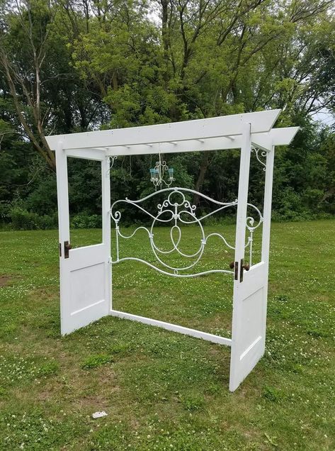 Outdoor Arbor, Old Door Projects, Iron Headboard, Backyard Seating Area, Lake Garden, Garden Tool Shed, Backyard Seating, Garden Arbor, House Yard