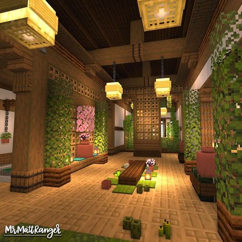 MrMattRanger | Minecraft Builder (@mrmattranger) • Instagram photos and videos Minecraft Interior Design Entrance, Minecraft Cottage Roof, Art Gallery Minecraft, Japanese House Interior Minecraft, Japanese Interior Design Minecraft, Minecraft House Wall Designs, Minecraft Art Gallery, Minecraft Ceiling Ideas, Minecraft Hallway Ideas