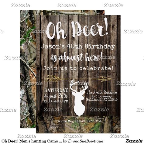 Oh Deer! Men's hunting Camo background Birthday Invitation, hunting camouflage realtree deer camo theme invite Hunting Birthday Party, Camo Background, Camo Party, Hunting Birthday, Deer Gifts, Background Birthday, Hunting Party, Hunting Deer, Deer Buck