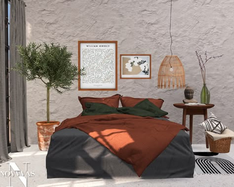 DESIERTO BEDROOM | ts4novvvas on Patreon Cabinet Bench, Sims 4 Beds, Play Sims 4, Sims 4 Bedroom, The Sims 4 Packs, Sims 4 House Design, Rattan Lamp, Sims 4 Gameplay, Sims 4 Cc Furniture