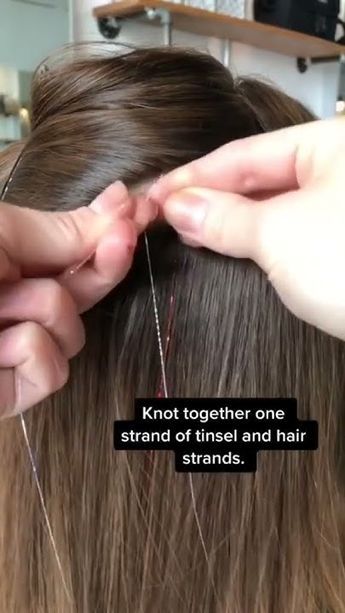 how to put hair tinsel Diy Tinsel Hair, Hair Tinsel Ideas For Brunettes, How To Tie Fairy Hair Tinsel, How To Tie Tinsel In Hair, How To Put Tinsel In Hair, Hair Tinsel Ideas, Tinsel Hair, Hair Tinsel, Fairy Hair