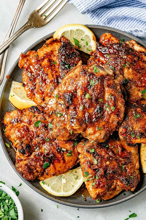 Chicken Thighs Recipe - #grilled #chicken #recipe #eatwell101 - This chicken thighs recipe is the bomb, perfect for a festive cook out! Everyone RAVES about these delicious grilled chicken thighs!  - #recipe by #eatwell101® Grilled Chicken Thigh Recipes Bone In, Grilled Chicken Thighs Bone In, Chicken Thigh Grill Recipes, E2m Meals, Dinner Chicken Thighs, Griddle Chicken, Grilled Chicken Thigh Recipes, Sage Risotto, Best Chicken Thigh Recipe