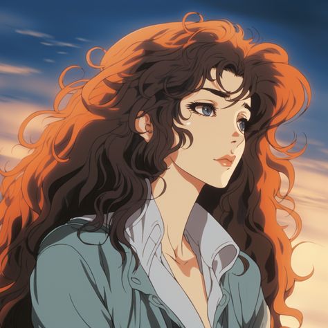 1980s anime screenshot, a beautiful woman with long curly hair #beautiful #woman #anime #1980s #avatar #midjourney Brown Haired Anime Woman, Long Curly Hair Drawing, Anime Curly Hair Female, Curly Anime Hair, Curly Hair Anime Pfp, 1980s Anime, Beautiful Pfp, Curly Hair Anime, Curly Anime