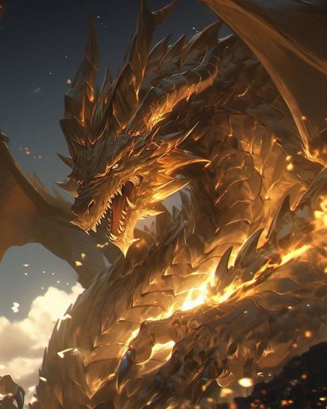 Gold Dragon Aesthetic, Gold Dragon Art, Golden Dragon Art, Sun Dragon, Divine Beast, Elemental Dragons, Breathing Fire, Dragon Face, Big Dragon