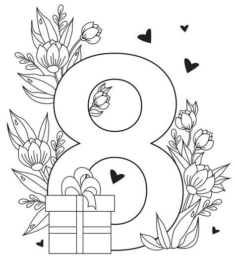 March 8. Holiday card for International Women's Day. Number eight, a bouquet of flowers, hearts and leaves, a box with a gift. Vector. Decorative drawing, black line, outline Womans Day Card, Happy Women's Day Card, March First, Women's Day Cards, March Colors, March Gifts, Aquarius Art, Number Eight, 8. Mart