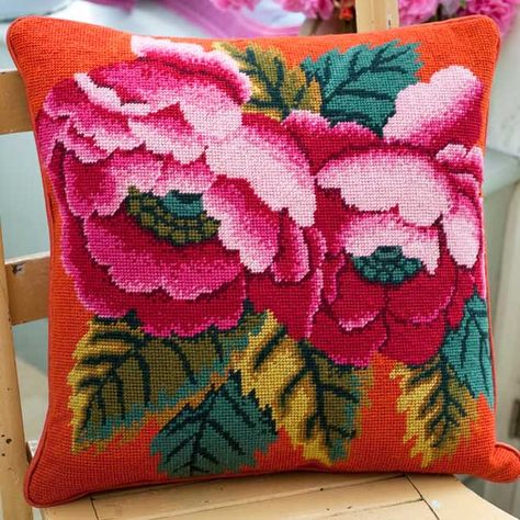 Chinese Peonies, Kaffe Fassett Needlepoint, Ehrman Tapestry, Peony Care, Tapestry Pink, Creative Knitting, Tapestry Cushion, Cross Stitch Pillow, Tapestry Kits