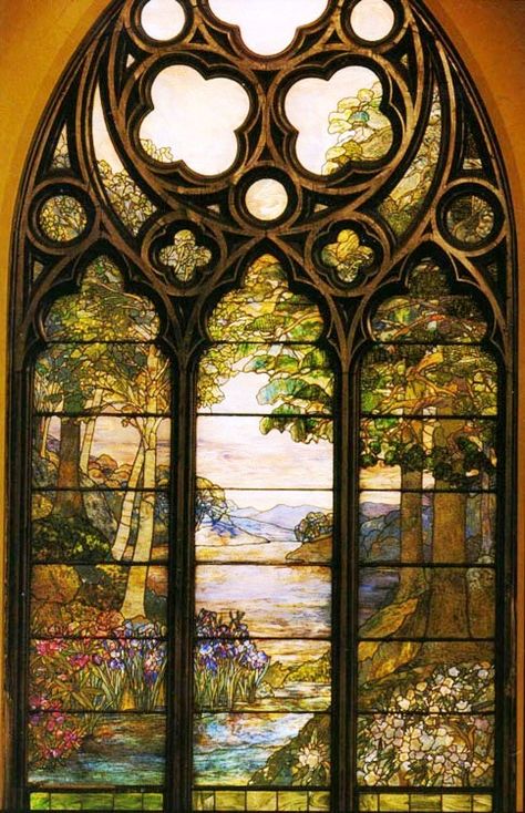 Pastoral window by Tiffany Studios in Second Presbyterian Church, Chicago, IL, installed 1917. Stained Glass Church, زجاج ملون, Tiffany Stained Glass, Church Windows, Louis Comfort Tiffany, Tiffany Glass, Presbyterian Church, Beautiful Windows, Art Stained