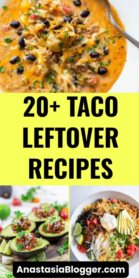 Explore 20+ incredible recipes to elevate leftover taco meat! This SEO-optimized pin showcases three vibrant images of flavorful meals, such as burritos, tacos, and enchiladas, inviting users to discover inventive ways to use taco leftovers. Taco Meat Freezer Meals, Leftover Enchiladas What To Do With, Dishes With Taco Meat, Fajita Leftover Ideas, Leftover Taco Meat Soup, Meals Using Taco Meat, Meals With Leftover Taco Meat, Recipes For Leftover Taco Meat, Leftover Taco Chicken Recipes