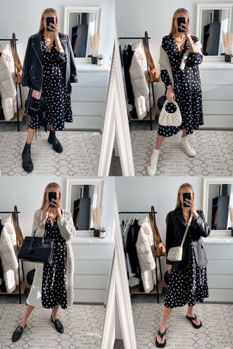 Spot Dress Outfit, Black Polka Dot Dress Outfit Winter, Polka Dot Slip Dress Outfit, Black And White Polka Dot Dress Outfit, Spotty Dress Outfit, Navy Polka Dot Dress Outfit, Polka Dot Dress Outfit Winter, Spotted Dress Outfit, Polka Dots Dress Outfit