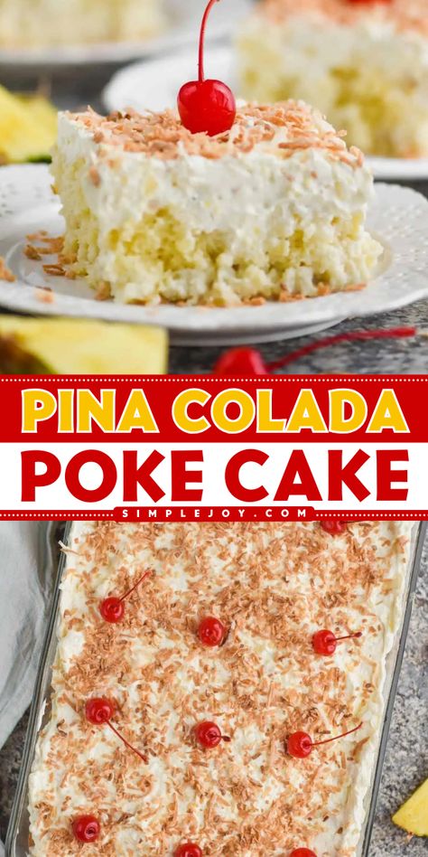 Enjoy a Pina Colada Poke Cake that transforms a box cake mix into a tropical delight! This easy Labor Day party food and fun summer dessert brings the classic pina colada cocktail into poke cake form for a refreshing treat! Pina Colada Poke Cake, Easy Poke Cake, Pineapple Poke Cake, Pina Colada Cocktail, Pina Colada Cake, Cake Form, Homemade Snickers, Cake Simple, Poke Cake Recipes